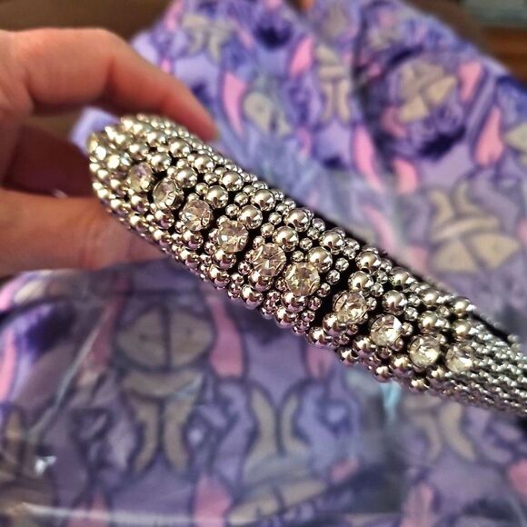 Ladies Silver Beaded Studded Rhinestone Headband Black Velvet Lined One Size... - Picture 2 of 5